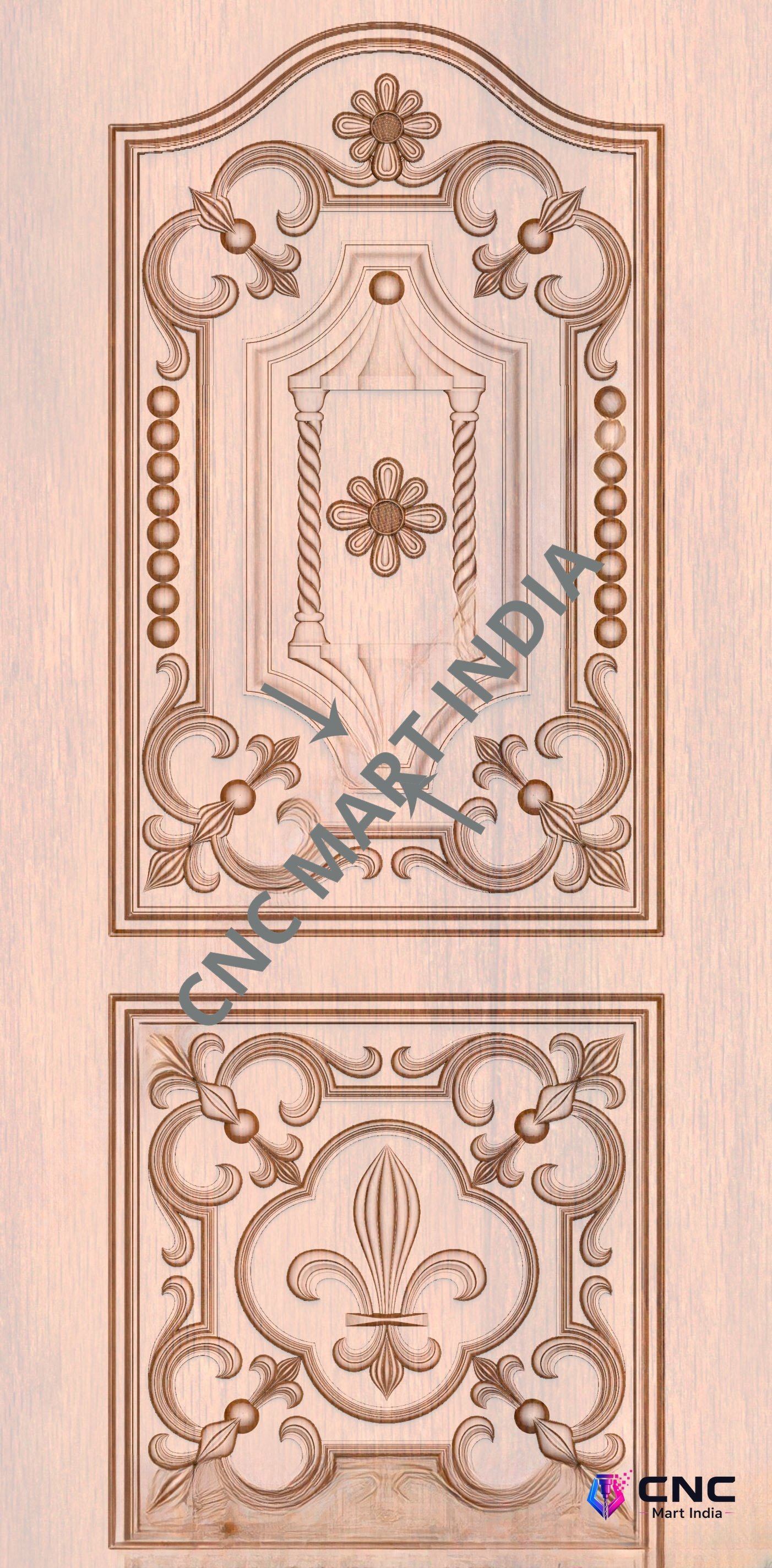 Arch - ARCH-24 Traditional Floral Motif Wooden Door 3D Relief Model